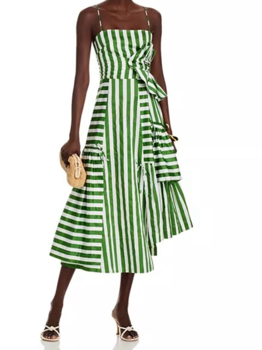 Farm Rio Tropical Flight Striped Midi Dress Green and Wite